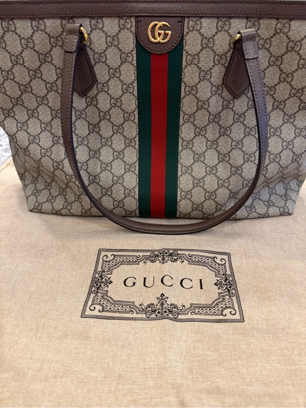 Authentic Gucci Beige GG Supreme Medium sized Tote with Red & Green Web Stripe